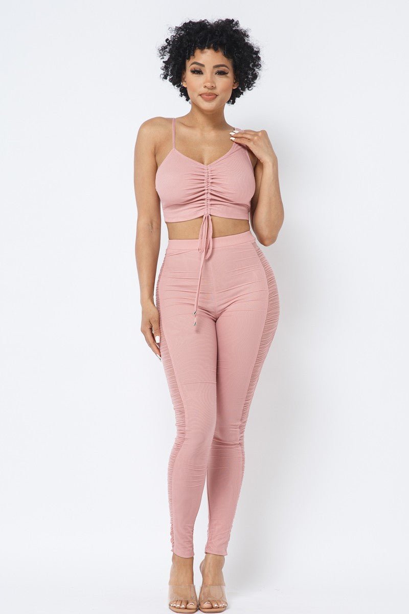 Mesh Strappy Adjustable Ruched Crop Top With Matching See Through Side Panel Leggings - Passion 4 Fashion USA
