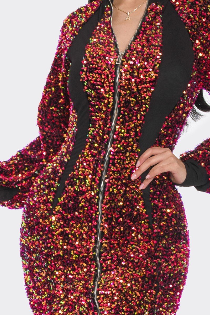 Midi 2 Way Zip Up Sequin Contrast Dress - Passion 4 Fashion USA