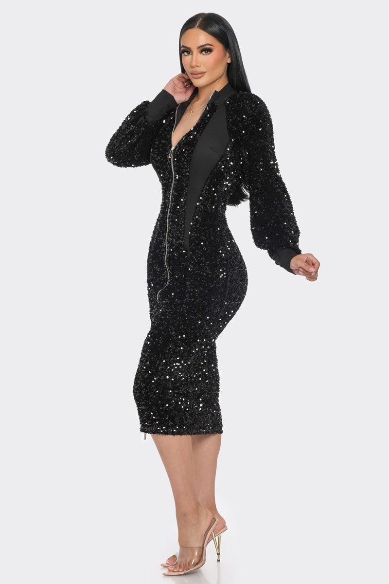 Midi 2 Way Zip Up Sequin Contrast Dress - Passion 4 Fashion USA