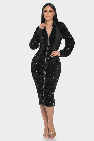 Midi 2 Way Zip Up Sequin Contrast Dress - Passion 4 Fashion USA