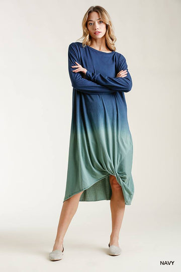 Ombre Front Knot Detail Long Sleeve Maxi Dress With Raw Hem - Passion 4 Fashion USA