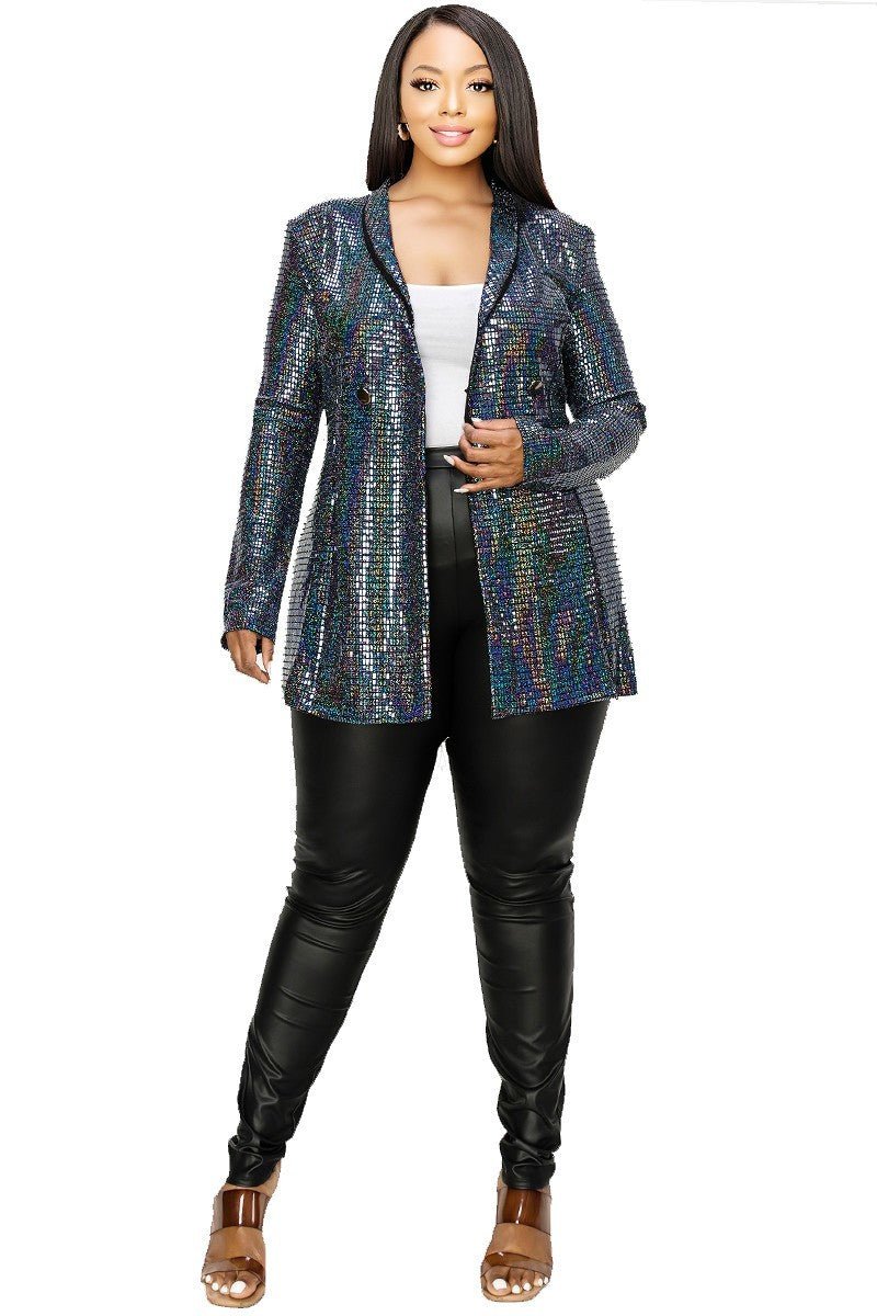 Plus Disco Metallic Sequins Double Breasted Blazer - Passion 4 Fashion USA