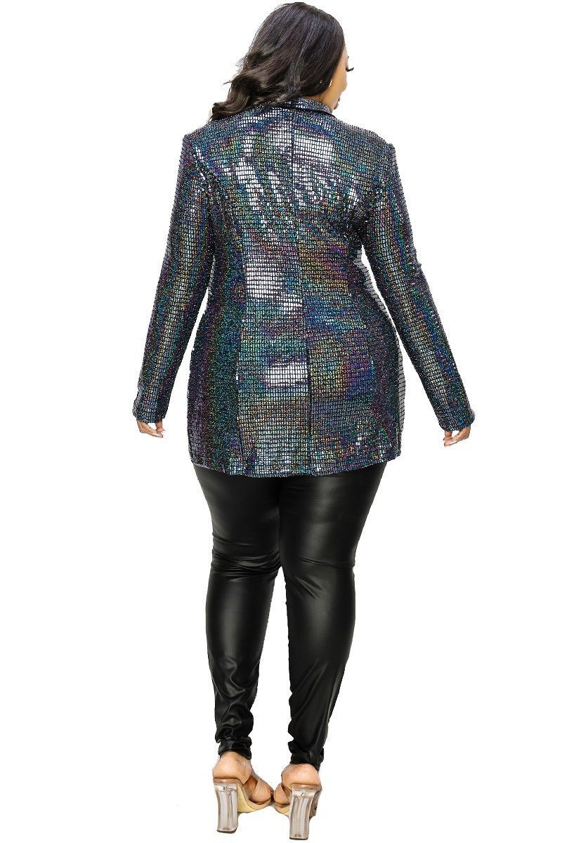 Plus Disco Metallic Sequins Double Breasted Blazer - Passion 4 Fashion USA