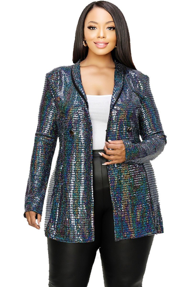 Plus Disco Metallic Sequins Double Breasted Blazer - Passion 4 Fashion USA