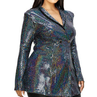 Plus Disco Metallic Sequins Double Breasted Blazer - Passion 4 Fashion USA