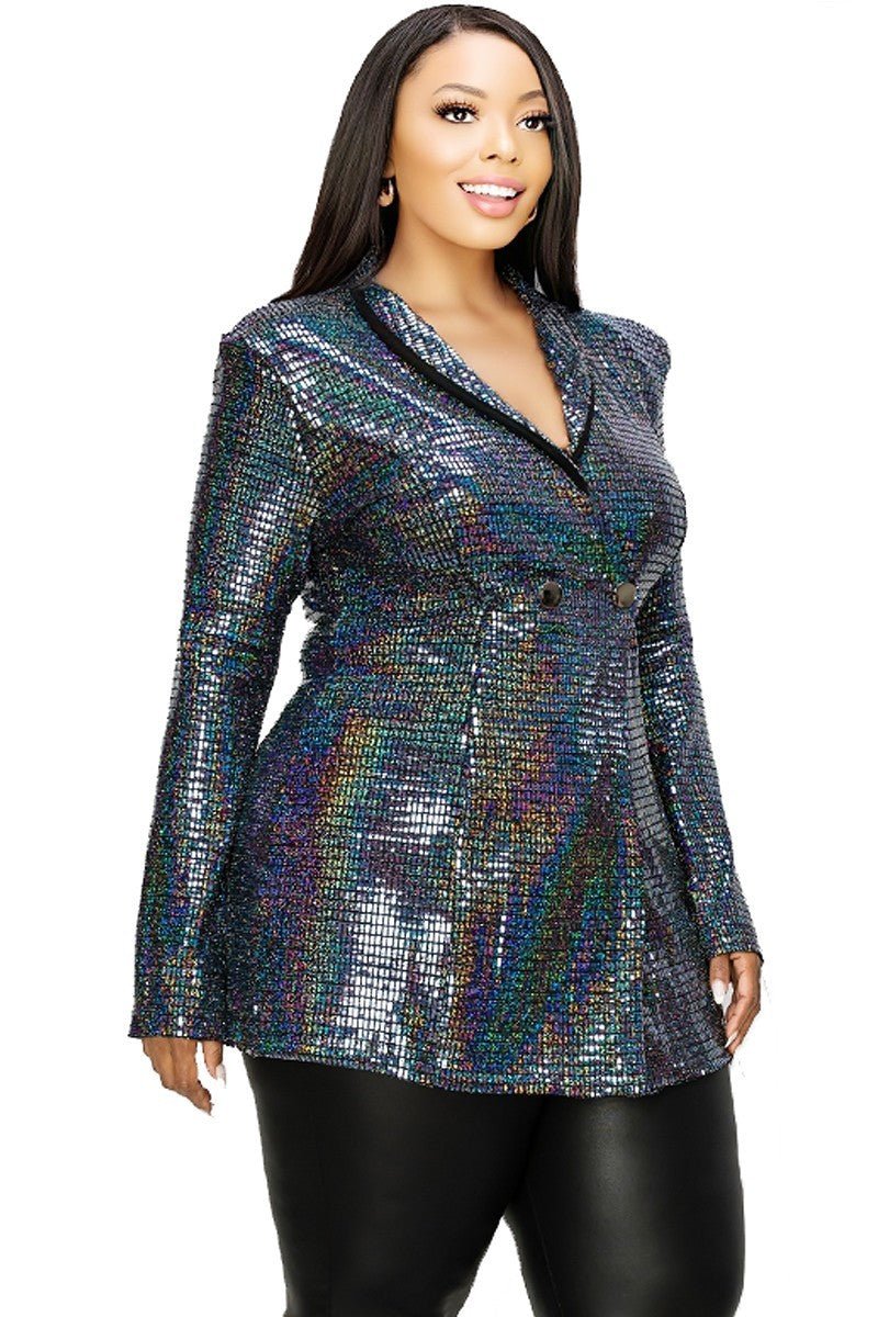 Plus Disco Metallic Sequins Double Breasted Blazer - Passion 4 Fashion USA