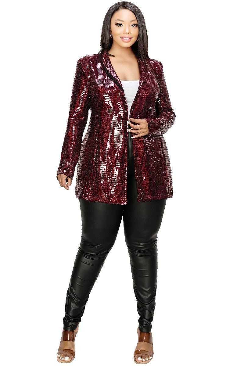 Plus Disco Metallic Sequins Double Breasted Blazer - Passion 4 Fashion USA