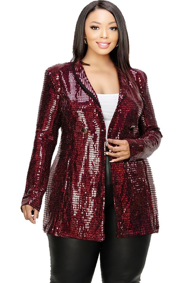 Plus Disco Metallic Sequins Double Breasted Blazer - Passion 4 Fashion USA