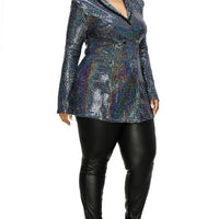 Plus Disco Metallic Sequins Double Breasted Blazer - Passion 4 Fashion USA