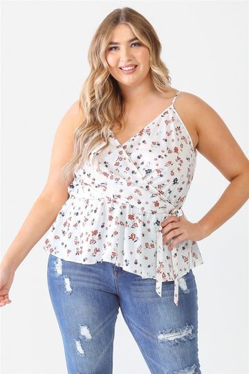 Plus Floral Sleeveless Wrap Neck Flare Hem Top - Passion 4 Fashion USA