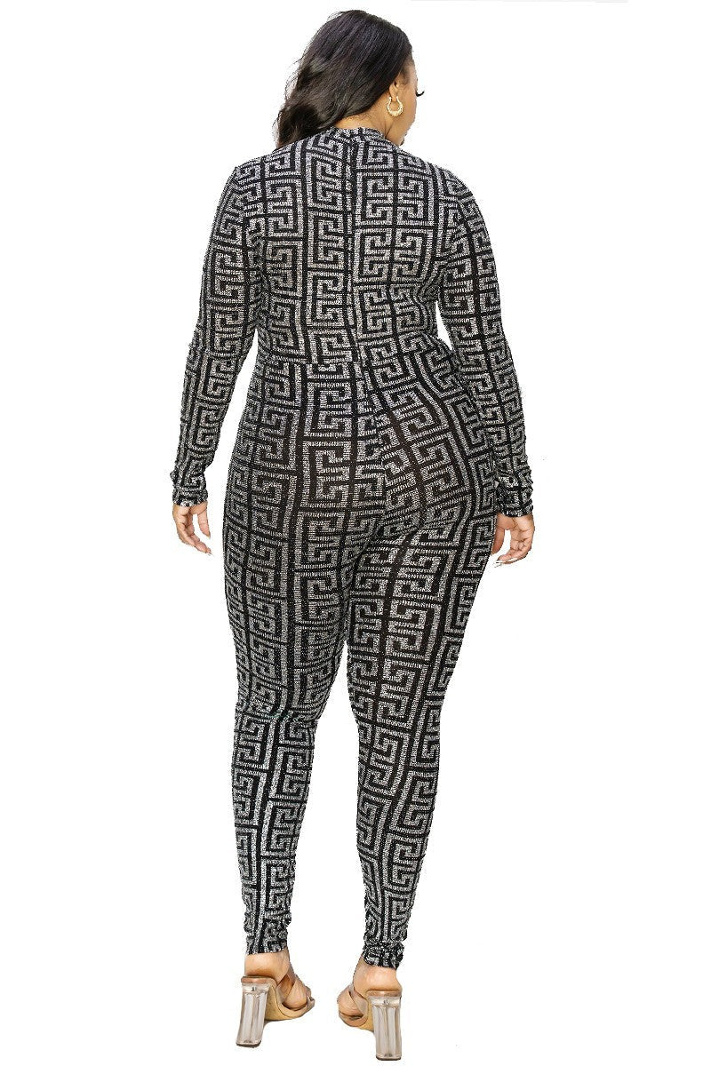 Plus Geo Pattern Glitter Printed Jumpsuit - Passion 4 Fashion USA