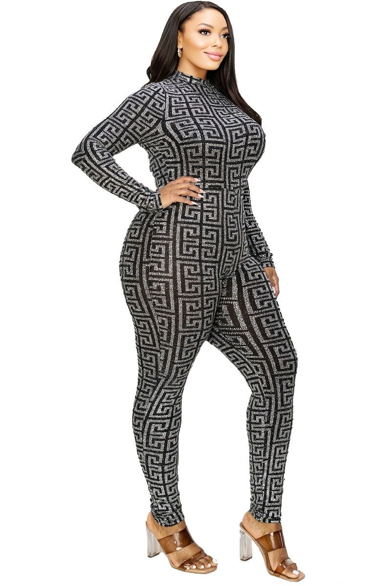 Plus Geo Pattern Glitter Printed Jumpsuit - Passion 4 Fashion USA