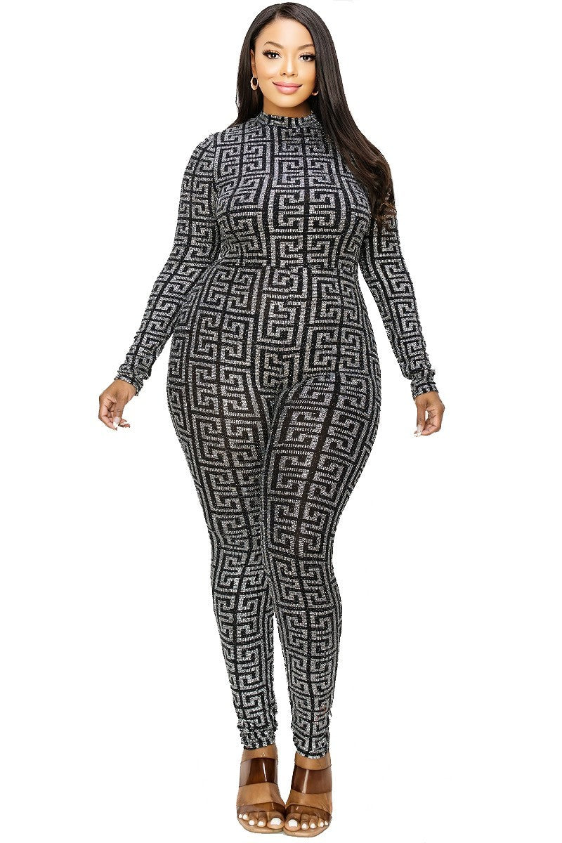 Plus Geo Pattern Glitter Printed Jumpsuit - Passion 4 Fashion USA