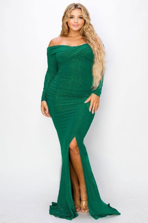 Plus Long Sleeve Off Shoulder Night Party Maxi Dress - Passion 4 Fashion USA