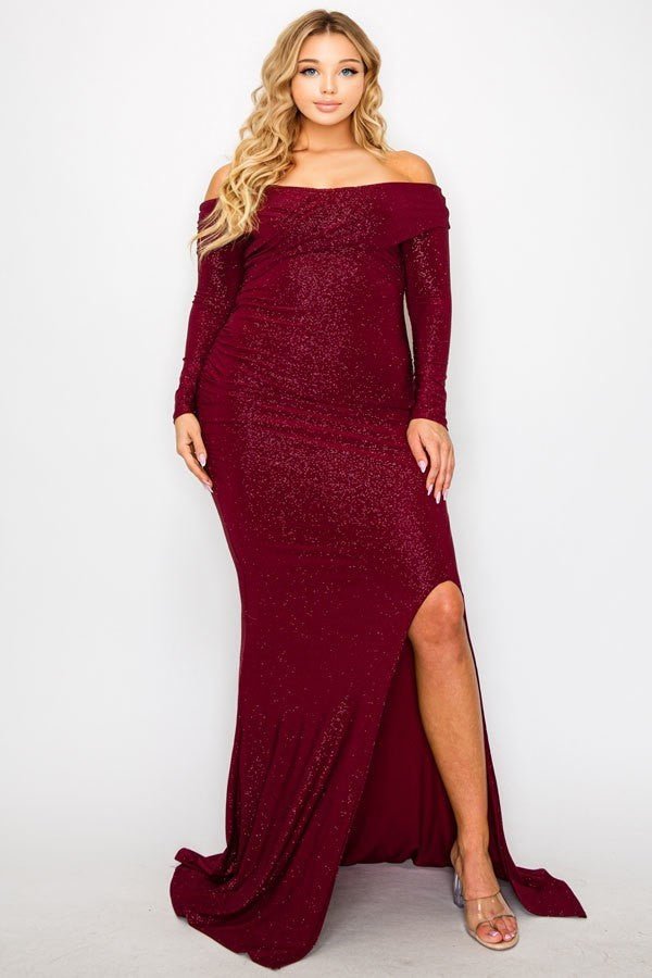 Plus Long Sleeve Off Shoulder Night Party Maxi Dress - Passion 4 Fashion USA