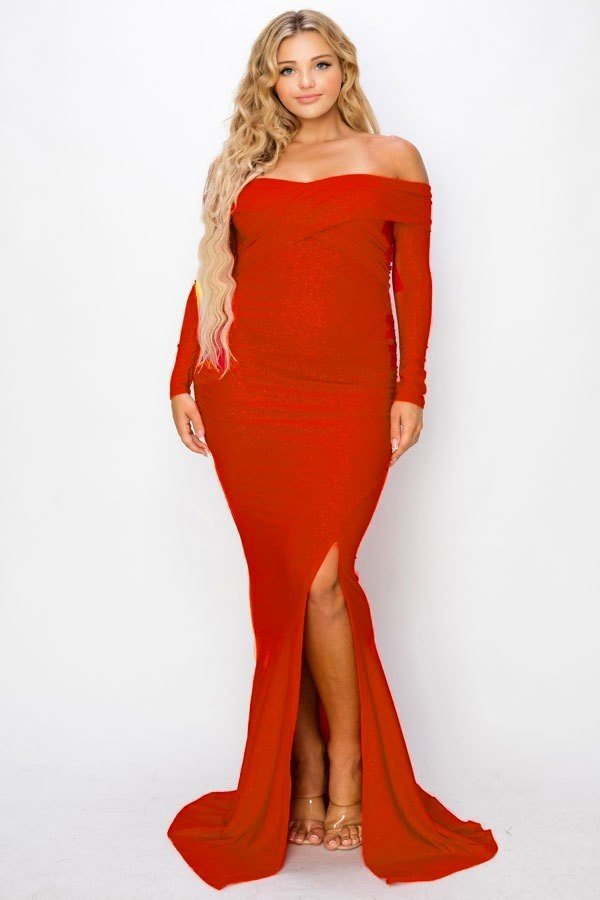 Plus Long Sleeve Off Shoulder Night Party Maxi Dress - Passion 4 Fashion USA