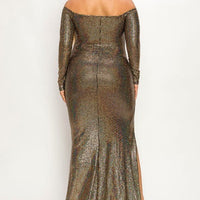 Plus Long Sleeve Off Shoulder Sequin Fabric (metallic) Party Maxi Dress - Passion 4 Fashion USA