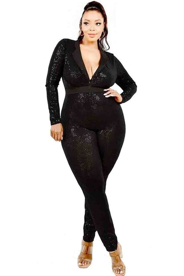 Plus Long Sleeve Sequin Deep V Neck Jumpsuit - Passion 4 Fashion USA