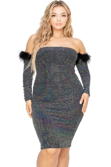 Plus Off Shoulder Feather Trim Detail Sequin Dress - Passion 4 Fashion USA