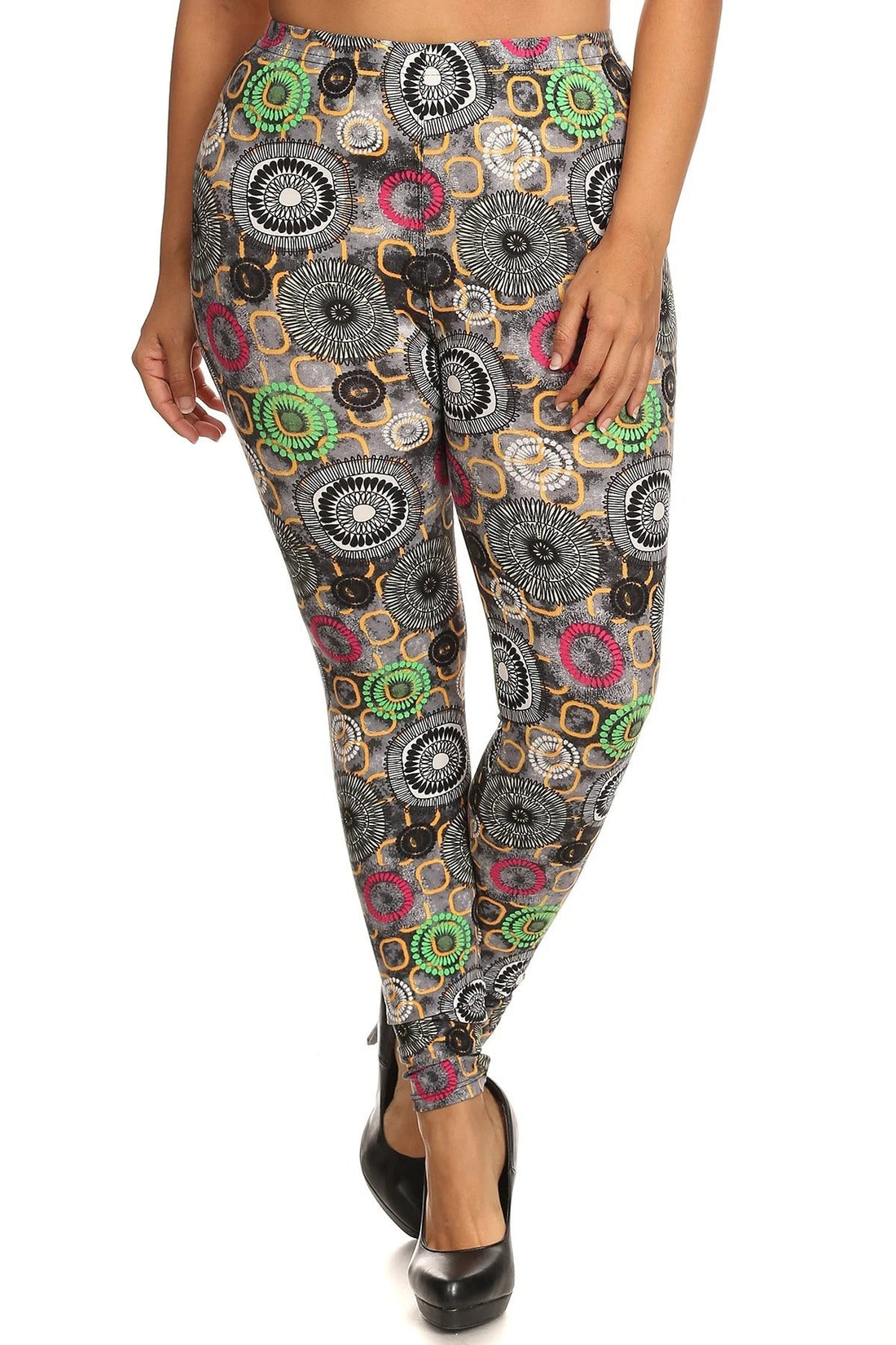 Plus Size Abstract Print, Full Length Leggings In A Slim Fitting Style With A Banded High Waist - Passion 4 Fashion USA