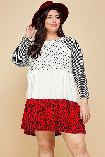 Plus Size Cute Polka Dot And Animal Print Contrast Swing Tiered Dress - Passion 4 Fashion USA