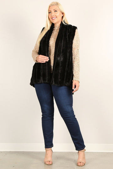 Plus Size Faux Fur Vest Jacket With Open Front, Hi-lo Hem, And Pockets - Passion 4 Fashion USA