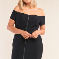 Plus Size Fitted Off-the-shoulder Front Zipper Bodycon Mini Dress - Passion 4 Fashion USA