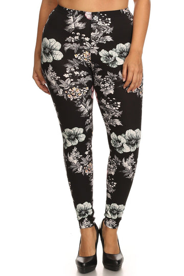 Plus Size Floral Graphic Printed Jersey Knit Legging With Elastic Waistband Detail - Passion 4 Fashion USA