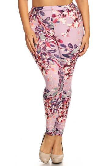 Plus Size Floral Print, Full Length Leggings In A Slim Fitting Style With A Banded High Waist - Passion 4 Fashion USA