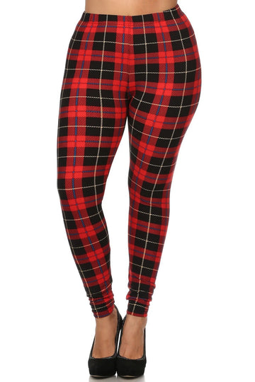 Plus Size Plaid & Checkered Print, Full Length Leggings In A Fitted Style - Passion 4 Fashion USA