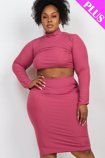 Plus Size Ribbed Mock Neck Crop Top & Midi Skirt Set - Passion 4 Fashion USA