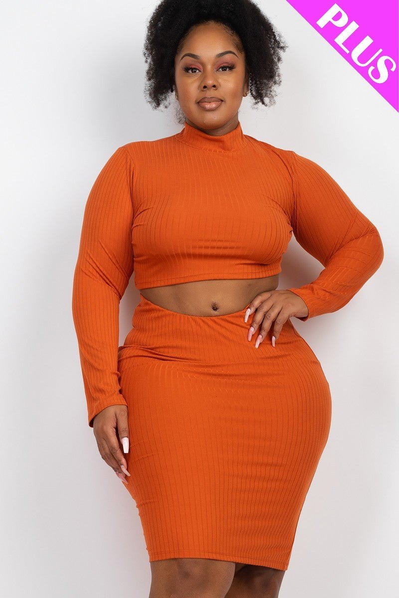 Plus Size Ribbed Mock Neck Crop Top & Midi Skirt Set - Passion 4 Fashion USA