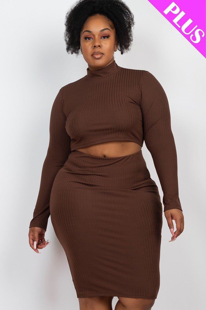 Plus Size Ribbed Mock Neck Crop Top & Midi Skirt Set - Passion 4 Fashion USA