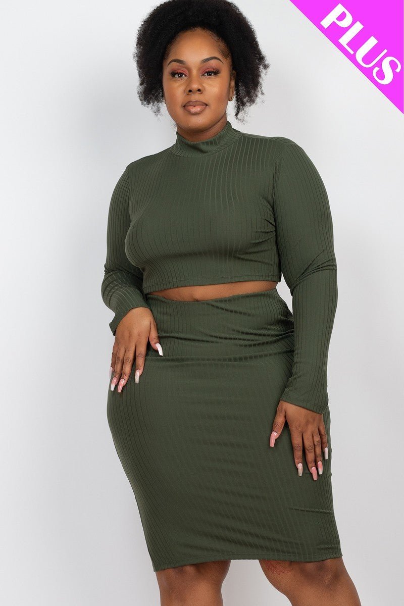 Plus Size Ribbed Mock Neck Crop Top & Midi Skirt Set - Passion 4 Fashion USA