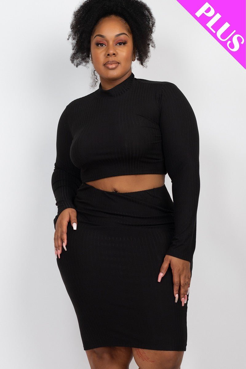 Plus Size Ribbed Mock Neck Crop Top & Midi Skirt Set - Passion 4 Fashion USA