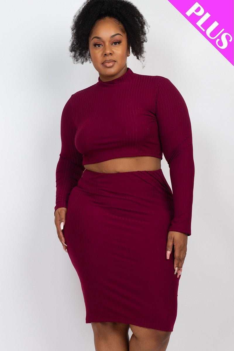 Plus Size Ribbed Mock Neck Crop Top & Midi Skirt Set - Passion 4 Fashion USA