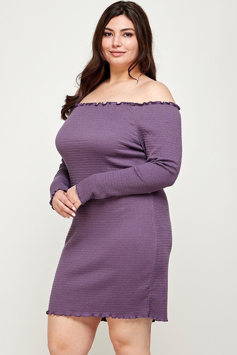 Plus Size, Solid Smocked Off Shoulder Dress - Passion 4 Fashion USA