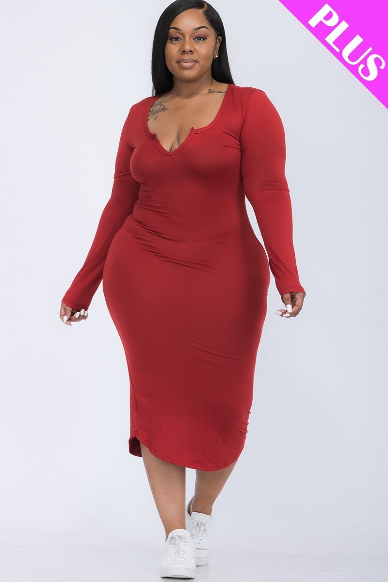 Plus Size Split Neck Long Sleeve Midi Dress - Passion 4 Fashion USA