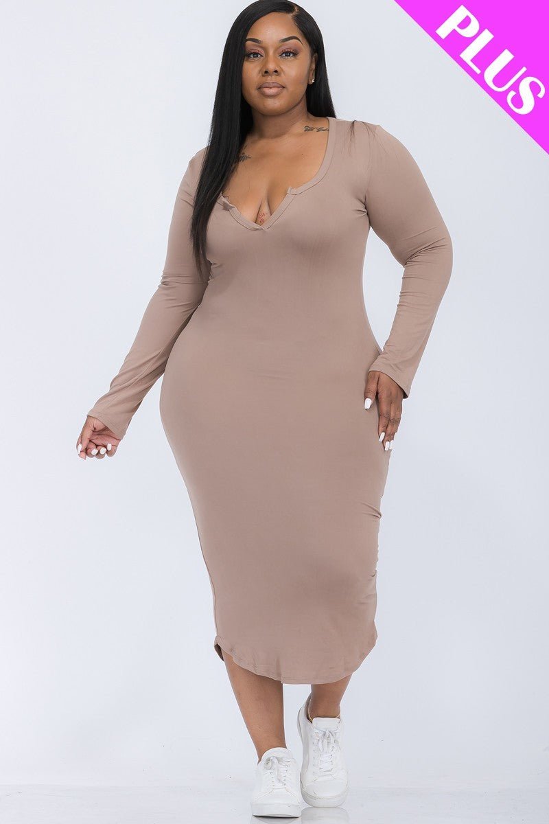 Plus Size Split Neck Long Sleeve Midi Dress - Passion 4 Fashion USA