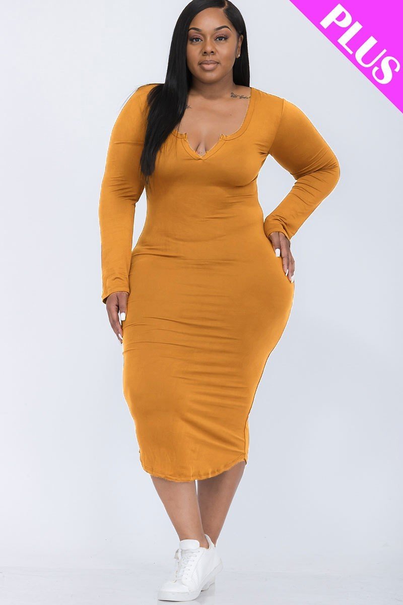 Plus Size Split Neck Long Sleeve Midi Dress - Passion 4 Fashion USA