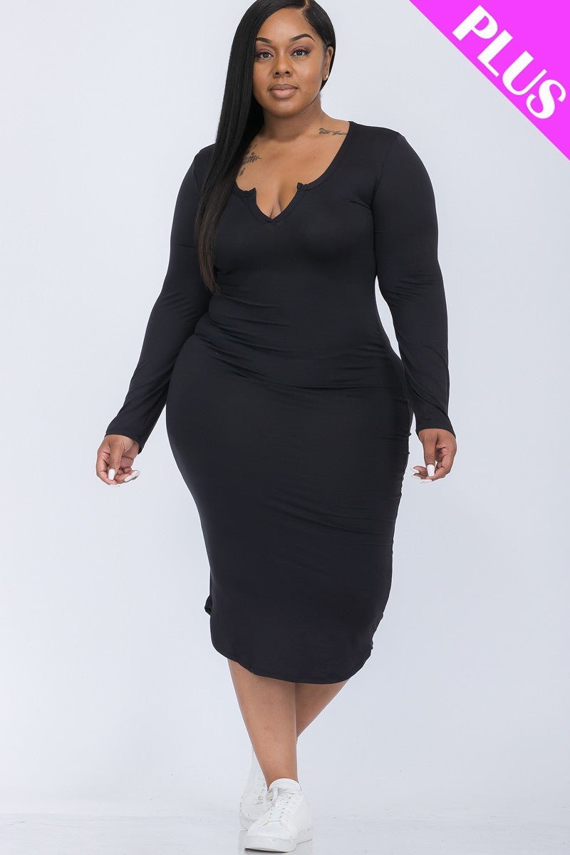 Plus Size Split Neck Long Sleeve Midi Dress - Passion 4 Fashion USA