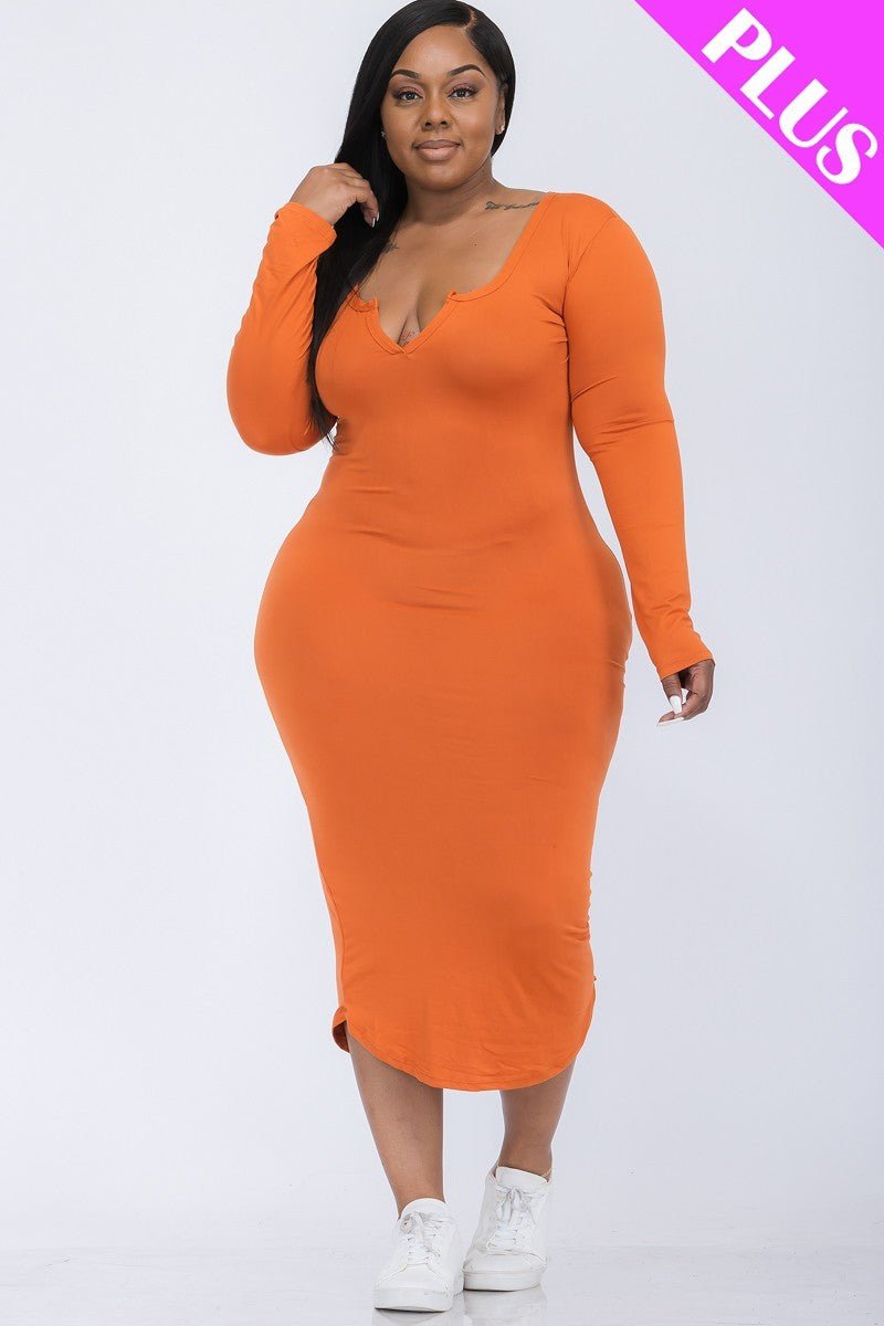 Plus Size Split Neck Long Sleeve Midi Dress - Passion 4 Fashion USA