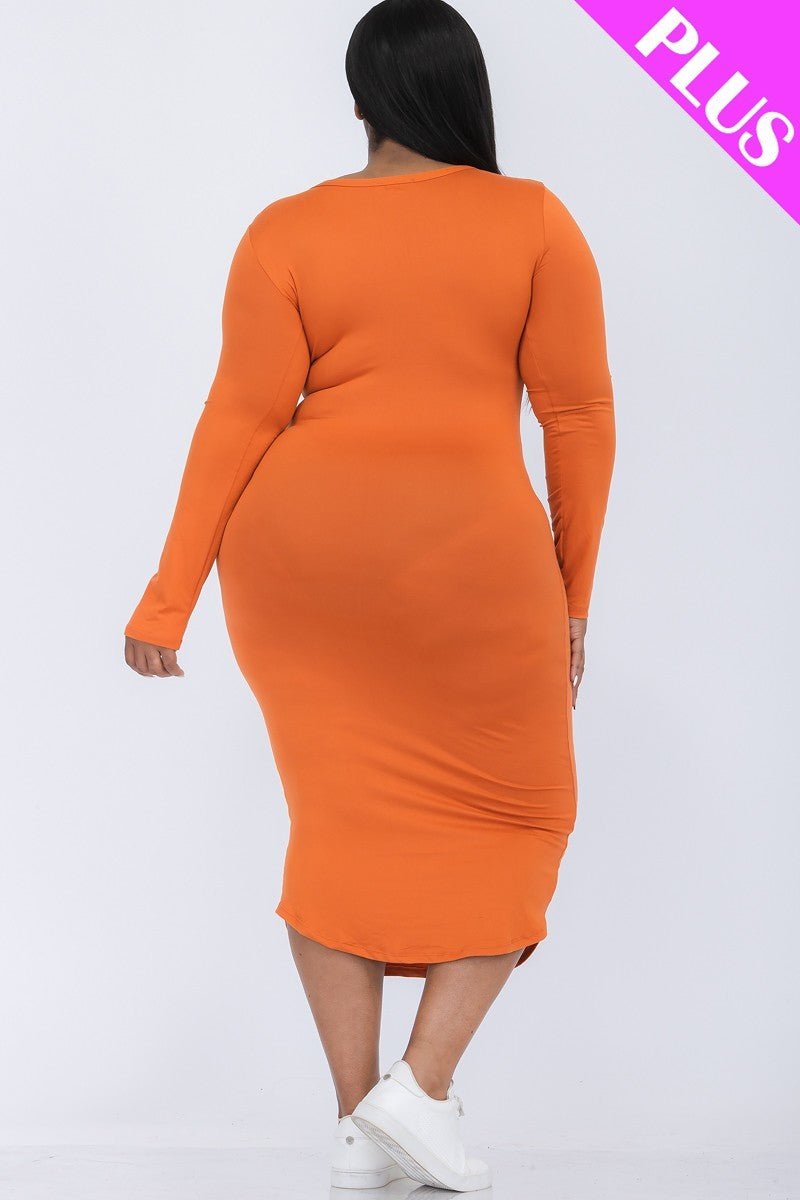 Plus Size Split Neck Long Sleeve Midi Dress - Passion 4 Fashion USA