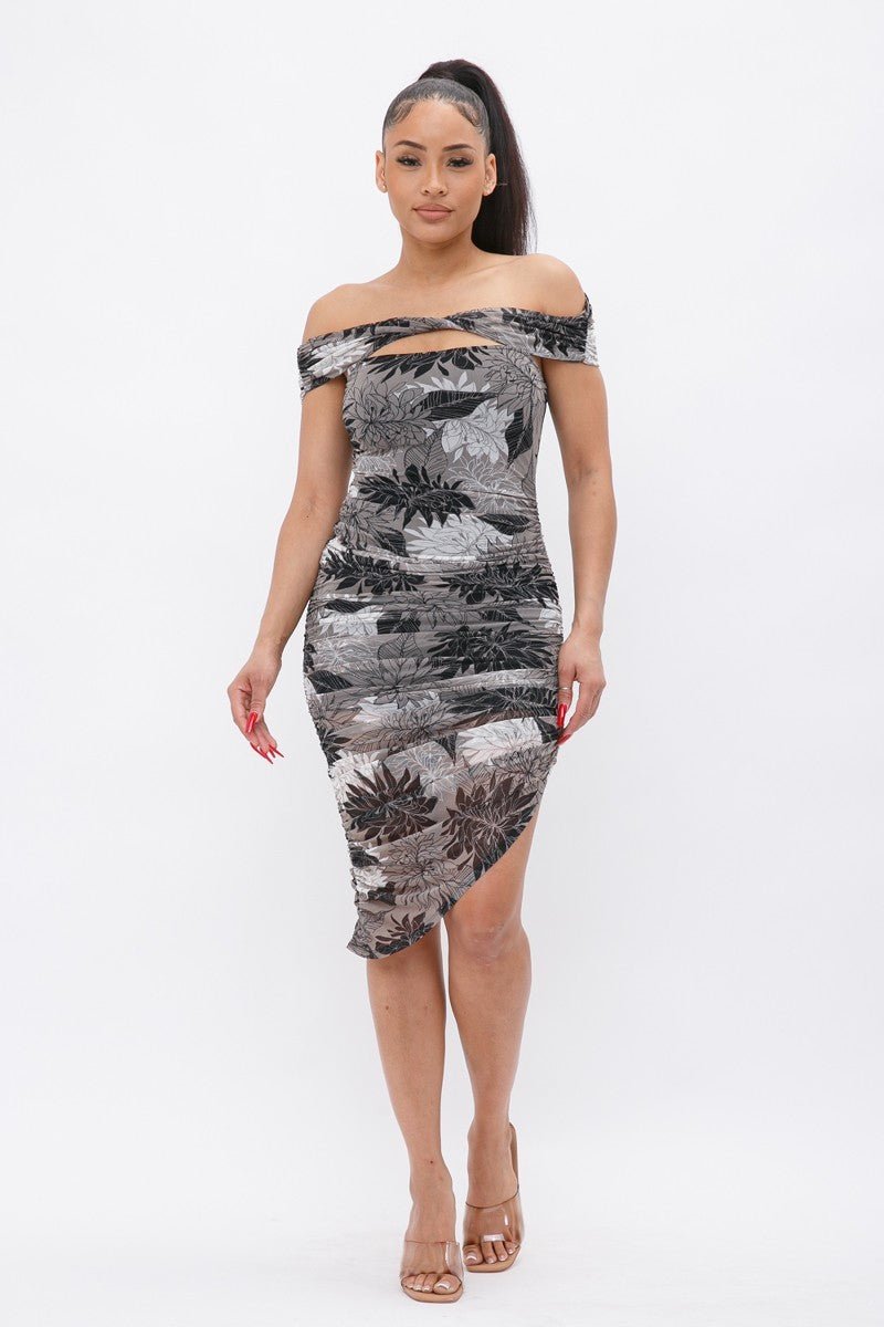 Printed Mesh Off Shoulder Dress - Passion 4 Fashion USA