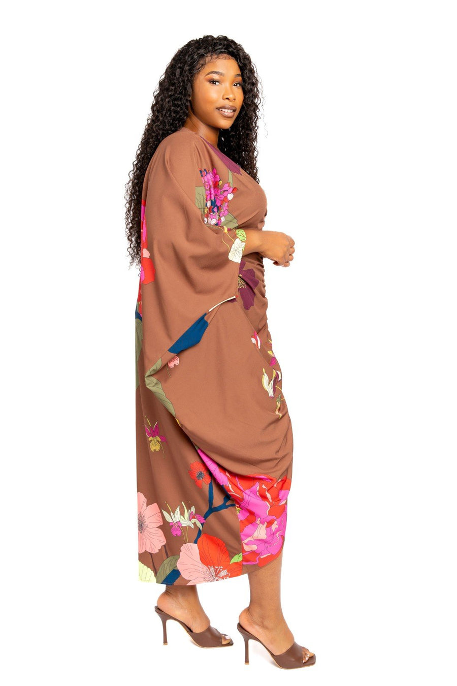 Printed Ruched Kaftan Dress With Inside Waist Tie - Passion 4 Fashion USA