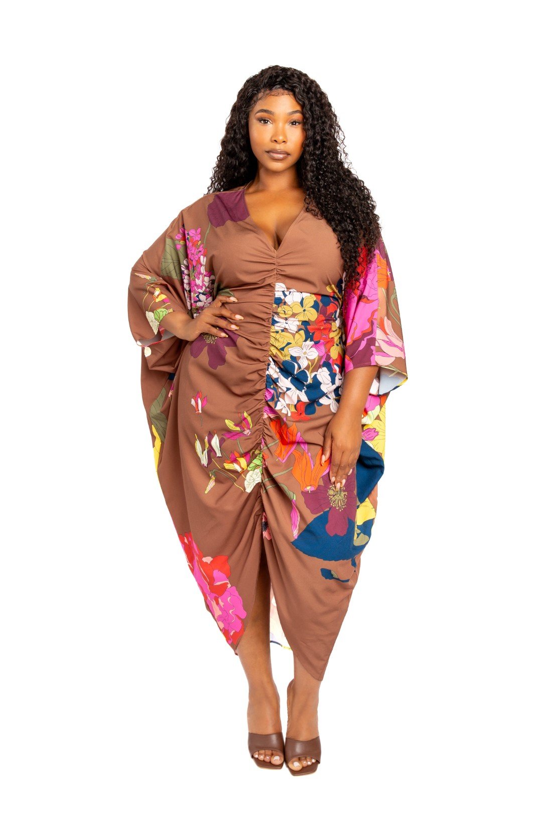 Printed Ruched Kaftan Dress With Inside Waist Tie - Passion 4 Fashion USA