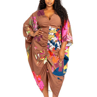 Printed Ruched Kaftan Dress With Inside Waist Tie - Passion 4 Fashion USA