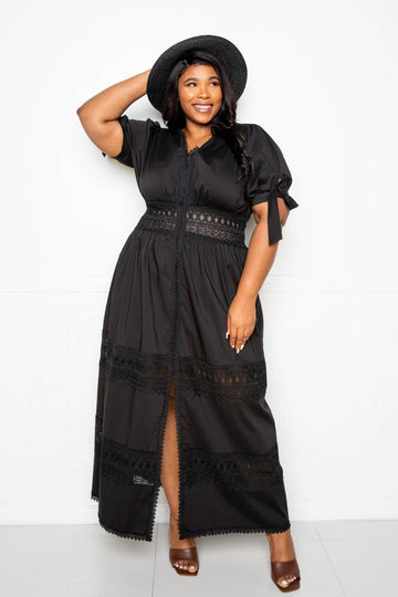 Puff Sleeve Maxi Dress With Lace Insert - Passion 4 Fashion USA