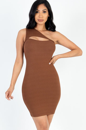 Ribbed One Shoulder Cutout Front Mini Bodycon Dress - Passion 4 Fashion USA