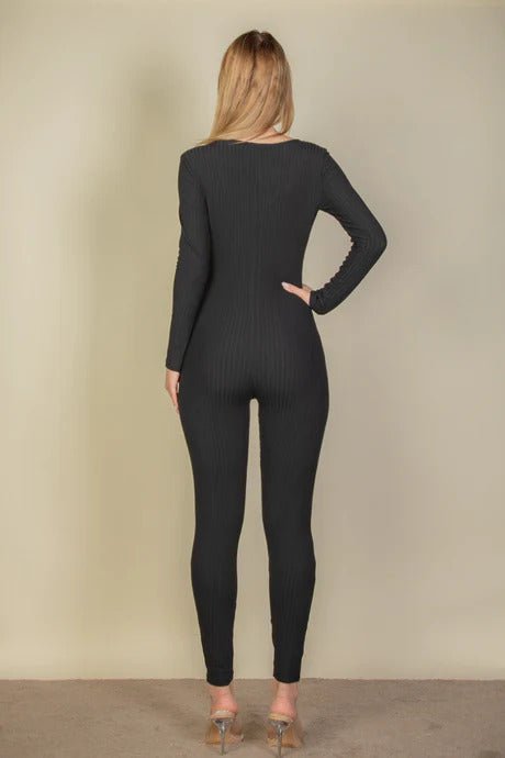 Ribbed Scoop Neck Long Sleeve Jumpsuit - Passion 4 Fashion USA